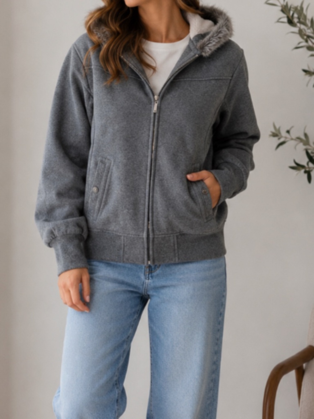 Full Tilt | Gray Faux Fur Hooded Jacket Women’s | Zip-Up Coat